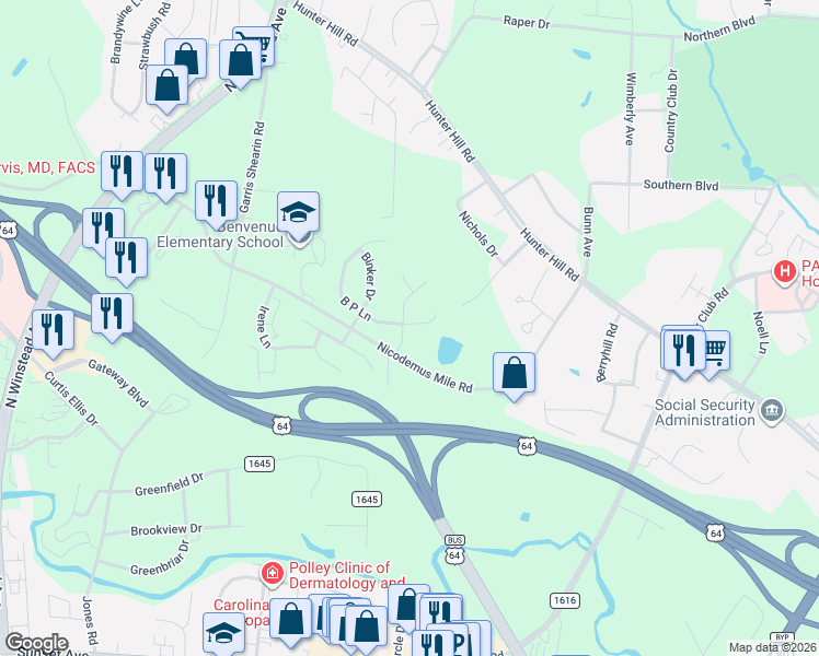 map of restaurants, bars, coffee shops, grocery stores, and more near 57 Wildberry Drive in Rocky Mount