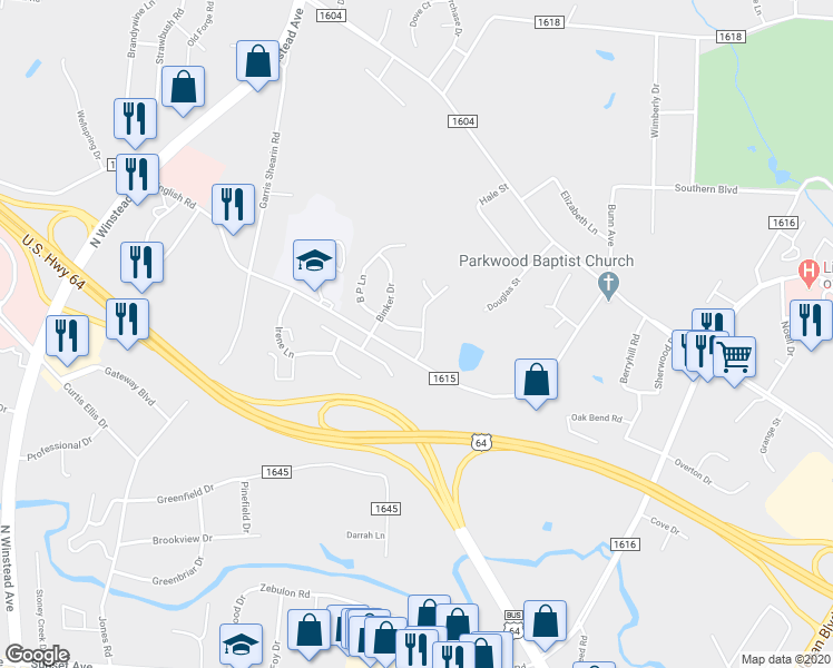 map of restaurants, bars, coffee shops, grocery stores, and more near 57 Wildberry Drive in Rocky Mount