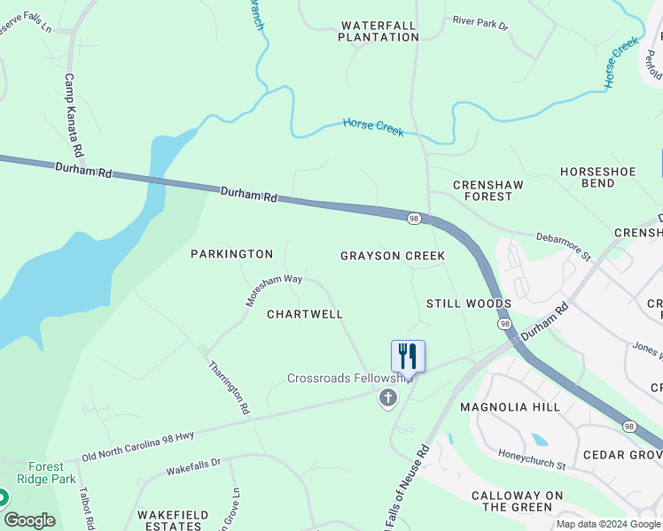 map of restaurants, bars, coffee shops, grocery stores, and more near 7013 Moresham Way in Wake Forest