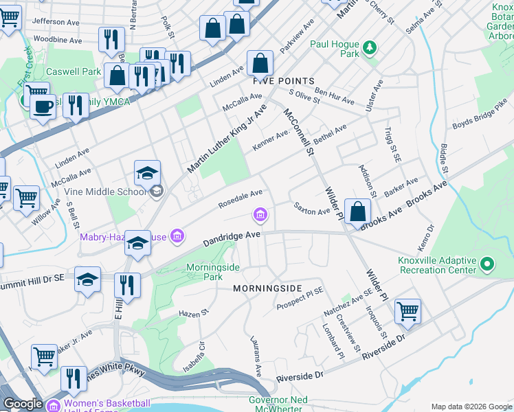 map of restaurants, bars, coffee shops, grocery stores, and more near 1962 Rosedale Avenue in Knoxville