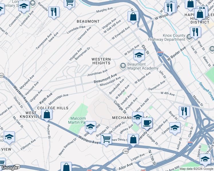 map of restaurants, bars, coffee shops, grocery stores, and more near 1423 Beaumont Avenue in Knoxville