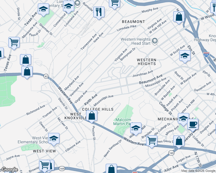 map of restaurants, bars, coffee shops, grocery stores, and more near 1804 Jourolman Avenue in Knoxville