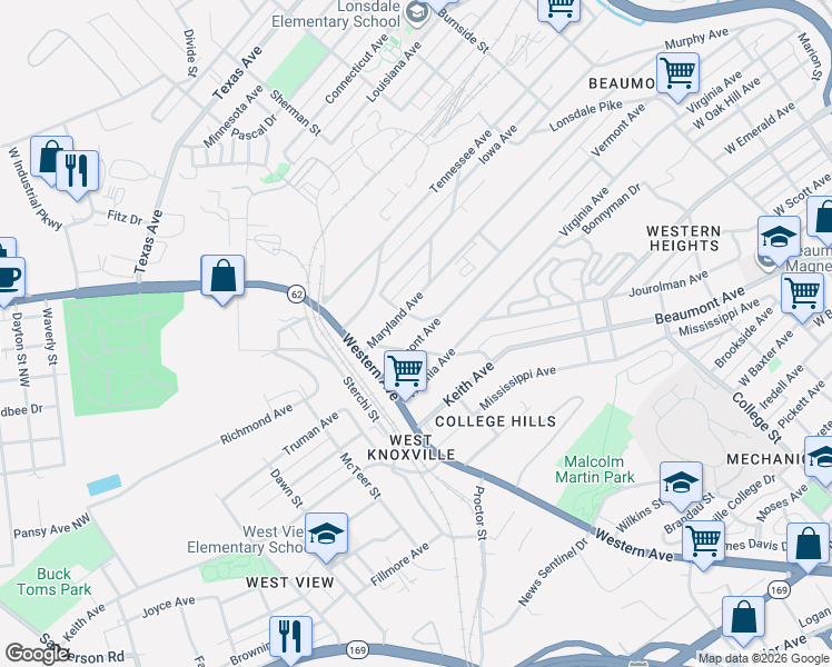 map of restaurants, bars, coffee shops, grocery stores, and more near 1919 Vermont Avenue in Knoxville