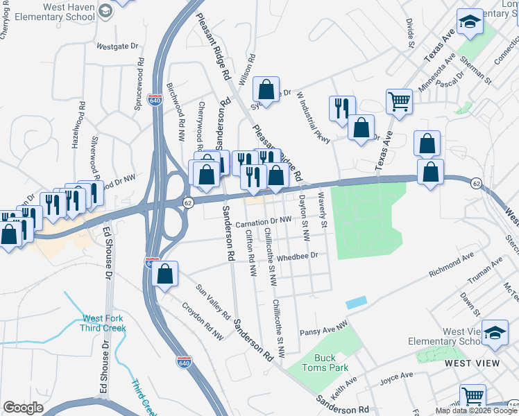 map of restaurants, bars, coffee shops, grocery stores, and more near 3801 Western Avenue in Knoxville