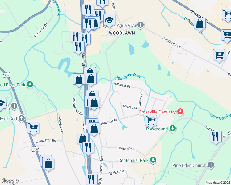 map of restaurants, bars, coffee shops, grocery stores, and more near 999 Hillcrest Drive in Crossville