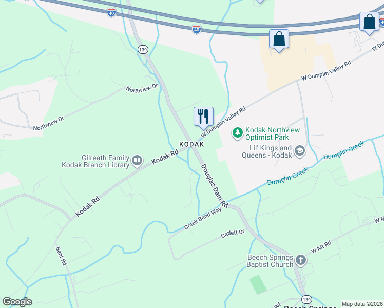 map of restaurants, bars, coffee shops, grocery stores, and more near 3655 Douglas Dam Road in Sevier County