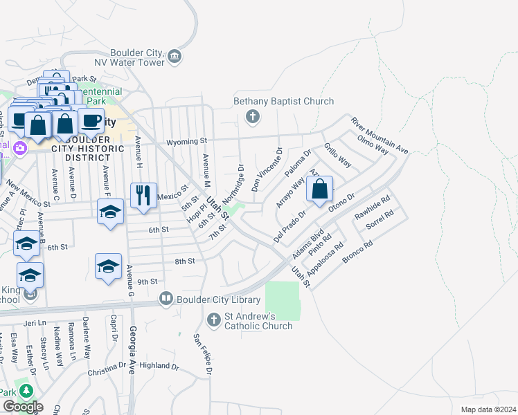 map of restaurants, bars, coffee shops, grocery stores, and more near 1095 Endora Way in Boulder City