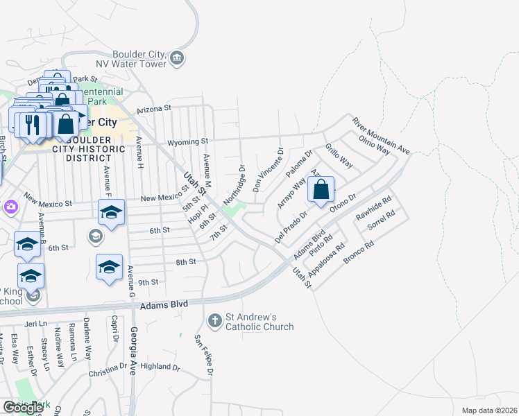 map of restaurants, bars, coffee shops, grocery stores, and more near 1095 Endora Way in Boulder City