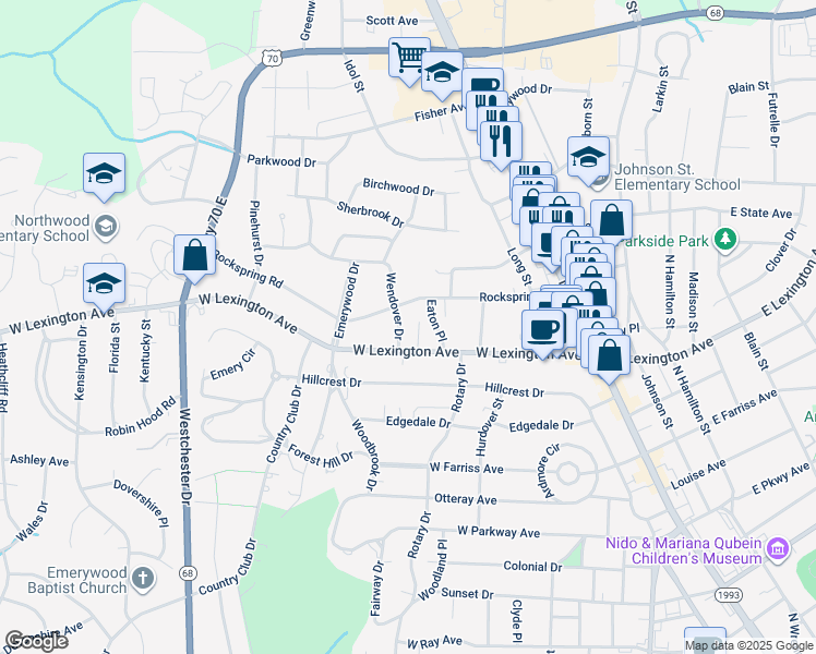 map of restaurants, bars, coffee shops, grocery stores, and more near 1308 Wendover Drive in High Point