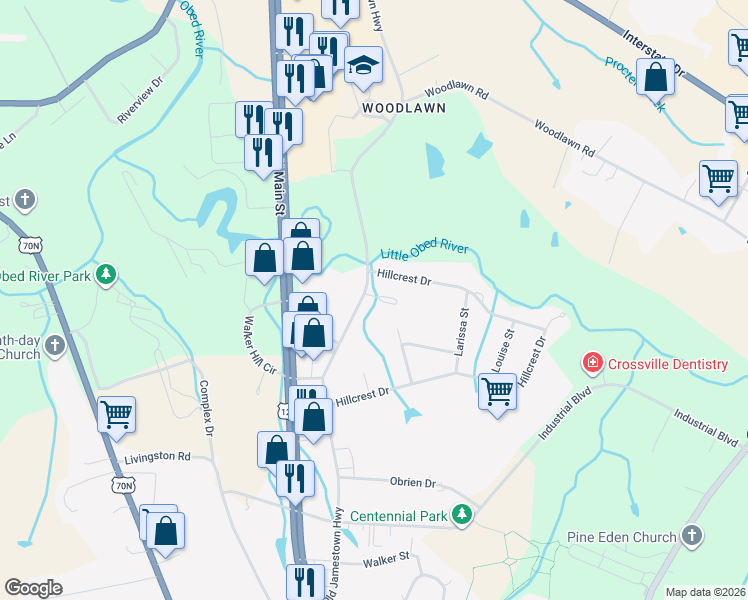 map of restaurants, bars, coffee shops, grocery stores, and more near 40 Jamestown Court in Crossville