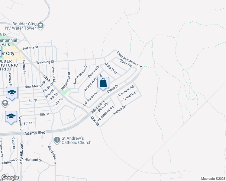 map of restaurants, bars, coffee shops, grocery stores, and more near 637 Otono Drive in Boulder City