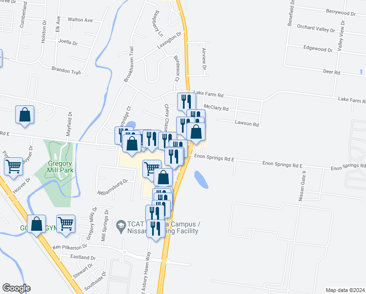 map of restaurants, bars, coffee shops, grocery stores, and more near 796 Nissan Drive in Smyrna