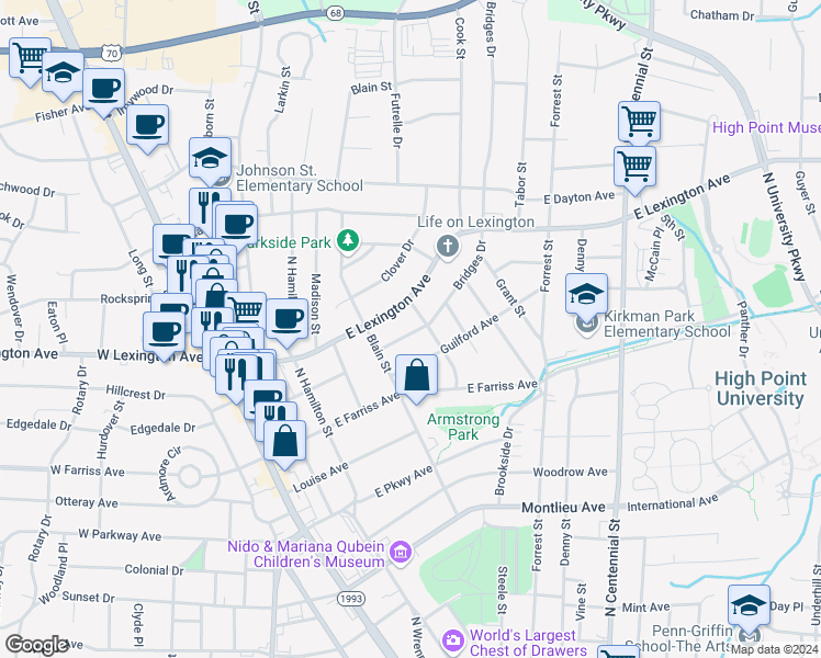map of restaurants, bars, coffee shops, grocery stores, and more near 517 Bridges Drive in High Point