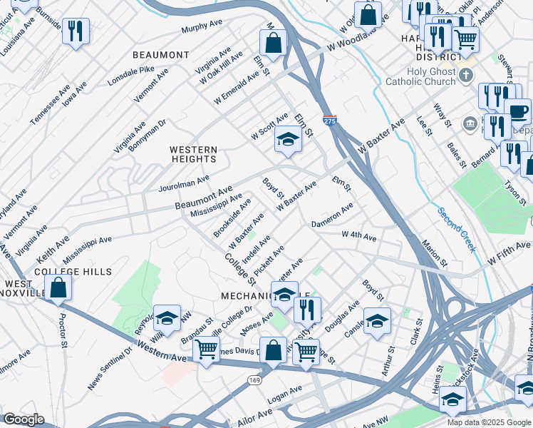map of restaurants, bars, coffee shops, grocery stores, and more near 1302 West Baxter Avenue in Knoxville