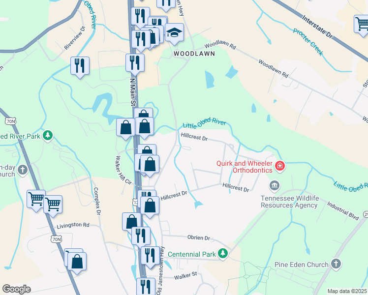 map of restaurants, bars, coffee shops, grocery stores, and more near 788 Old Jamestown Highway in Crossville