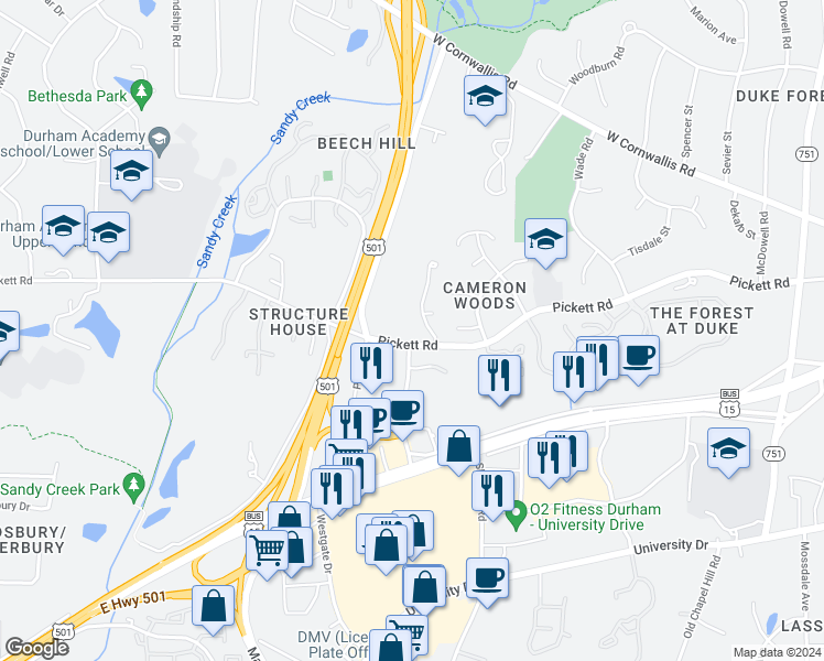 map of restaurants, bars, coffee shops, grocery stores, and more near 2822 Pickett Road in Durham