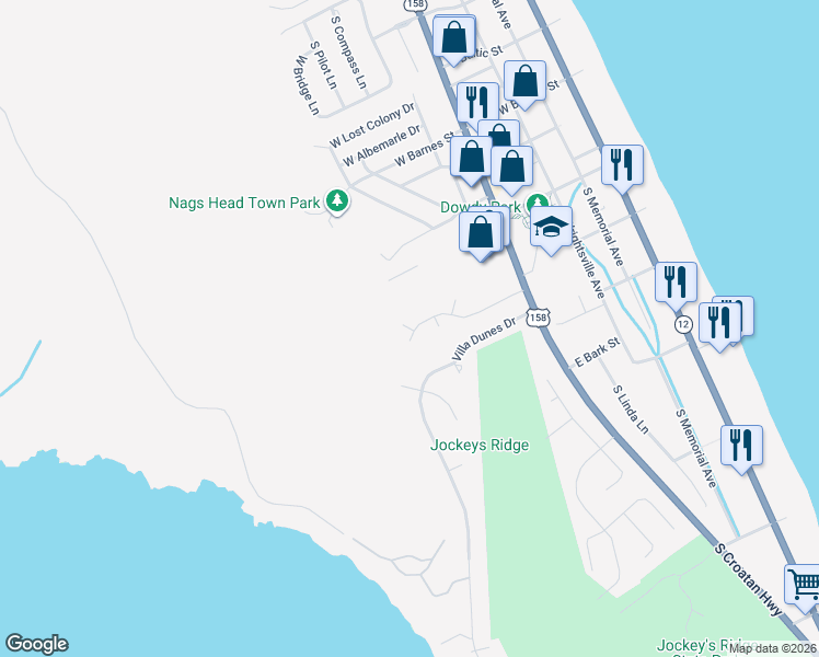 map of restaurants, bars, coffee shops, grocery stores, and more near South Ocean View Court in Nags Head