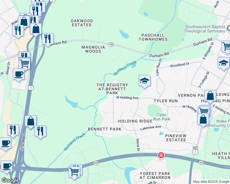 map of restaurants, bars, coffee shops, grocery stores, and more near 721 Richland Ridge Drive in Wake Forest