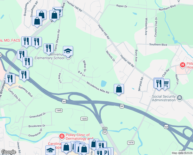 map of restaurants, bars, coffee shops, grocery stores, and more near 57 Wildberry Drive in Rocky Mount