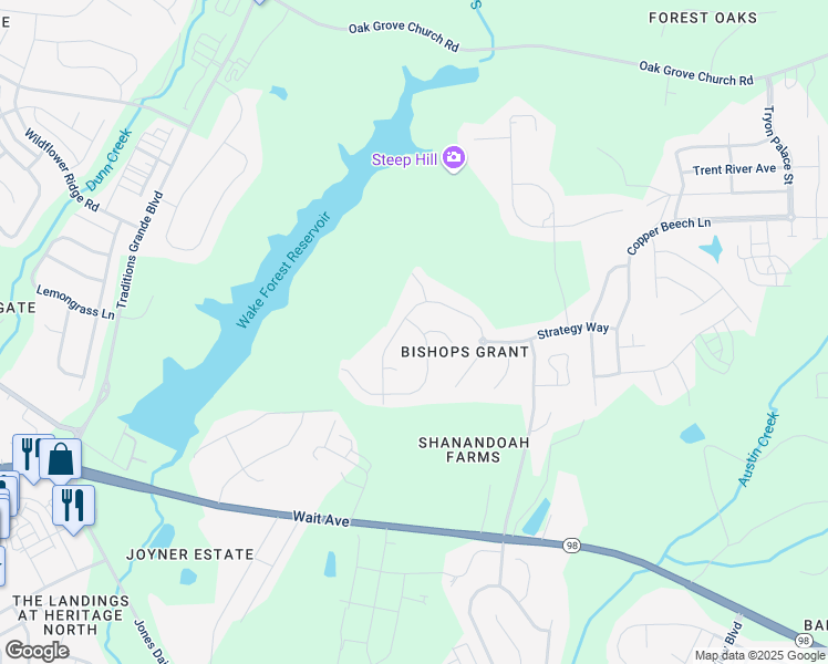 map of restaurants, bars, coffee shops, grocery stores, and more near 1505 Endgame Court in Wake Forest
