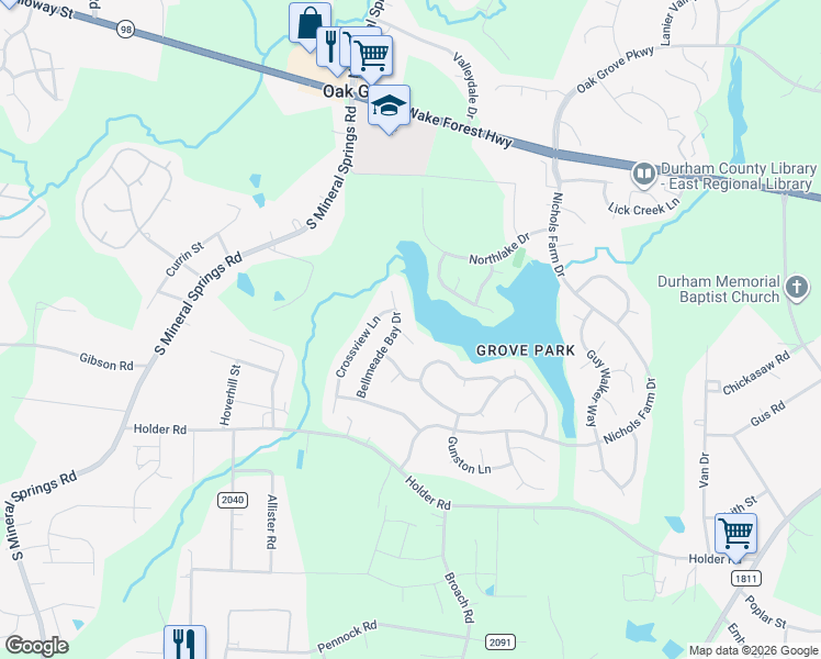 map of restaurants, bars, coffee shops, grocery stores, and more near 503 Bellmeade Bay Drive in Durham