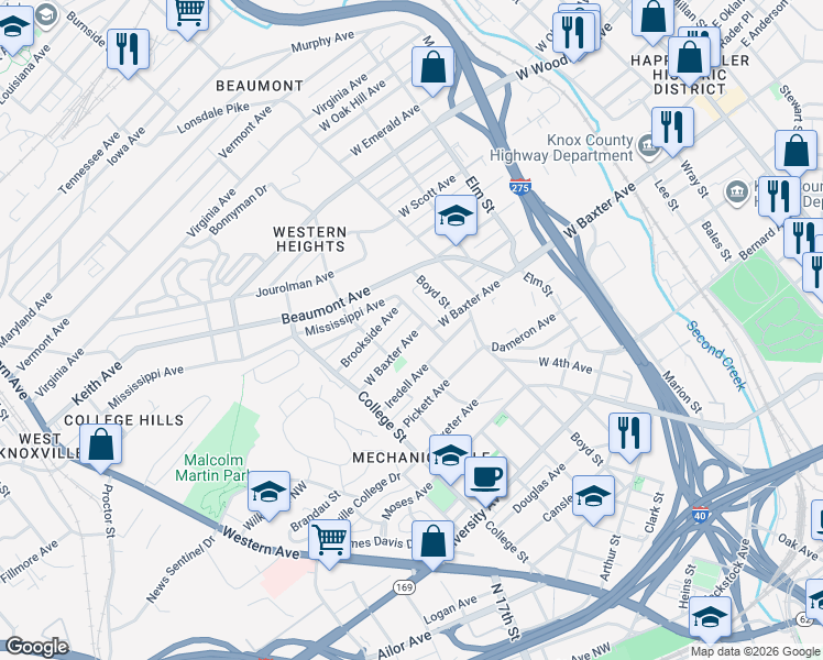 map of restaurants, bars, coffee shops, grocery stores, and more near 1200 Mercer Street Northwest in Knoxville