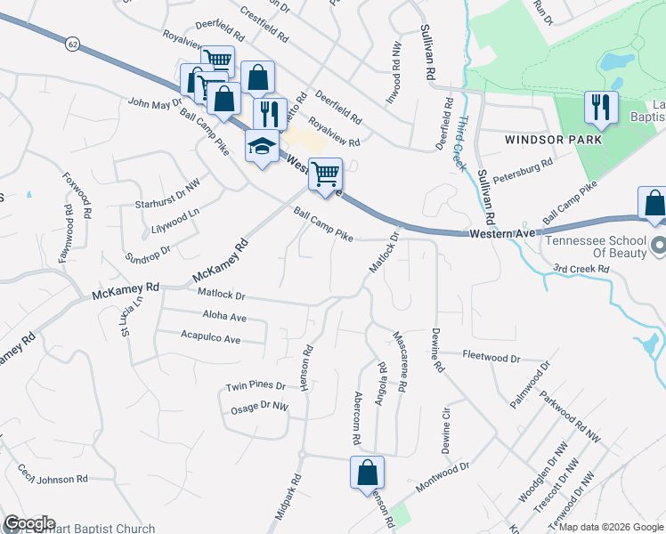 map of restaurants, bars, coffee shops, grocery stores, and more near 3322 Cummins Lane in Knoxville