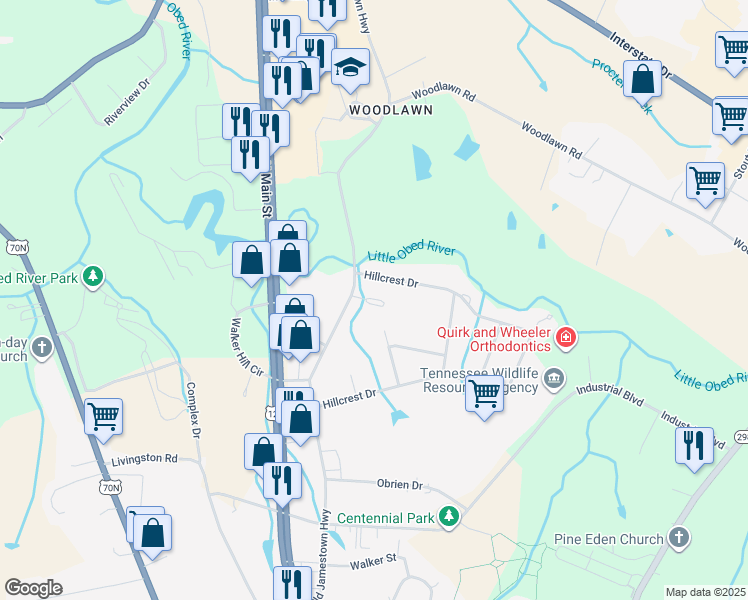 map of restaurants, bars, coffee shops, grocery stores, and more near 999 Hillcrest Drive in Crossville