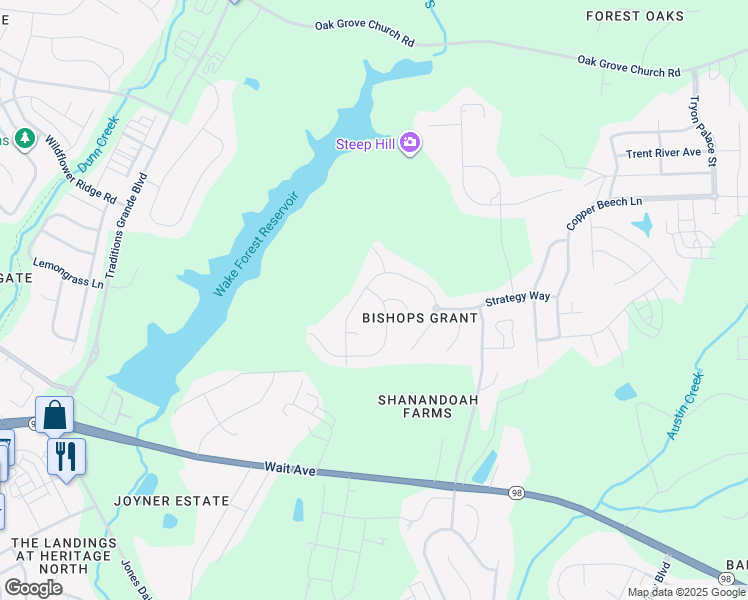 map of restaurants, bars, coffee shops, grocery stores, and more near 1505 Endgame Court in Wake Forest