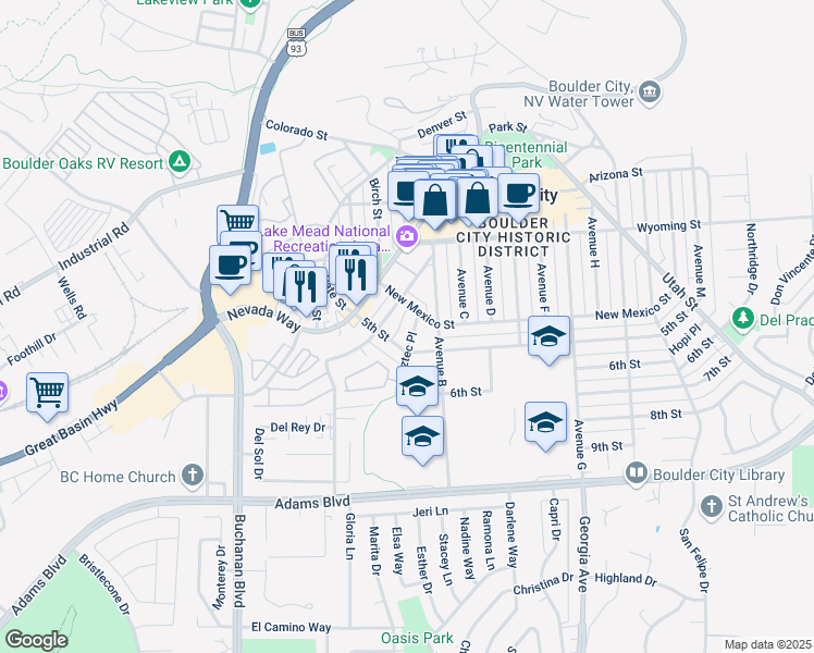 map of restaurants, bars, coffee shops, grocery stores, and more near 708 Aztec Place in Boulder City