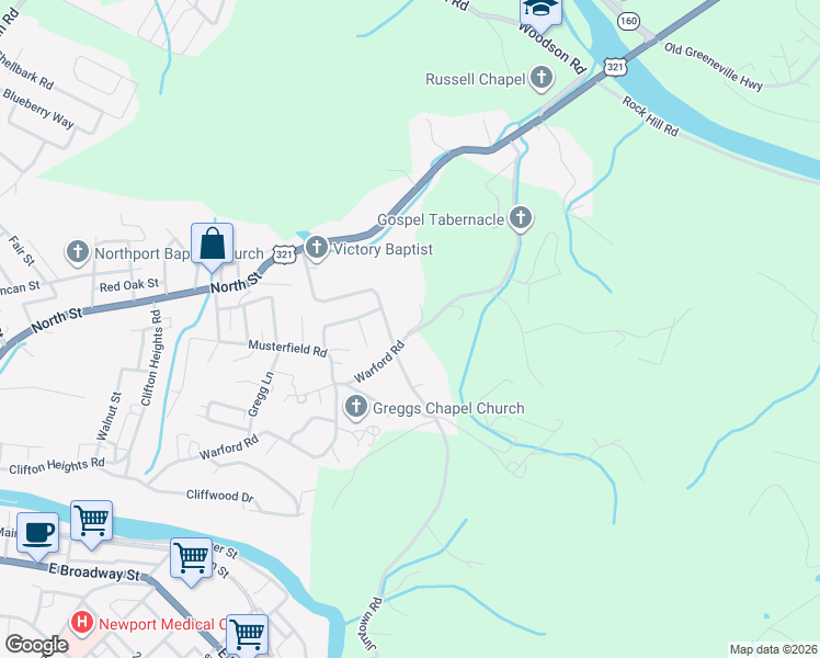 map of restaurants, bars, coffee shops, grocery stores, and more near 752 Warford Road in Newport