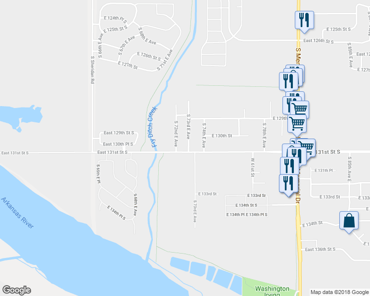 map of restaurants, bars, coffee shops, grocery stores, and more near 7217 East 131st Street South in Bixby