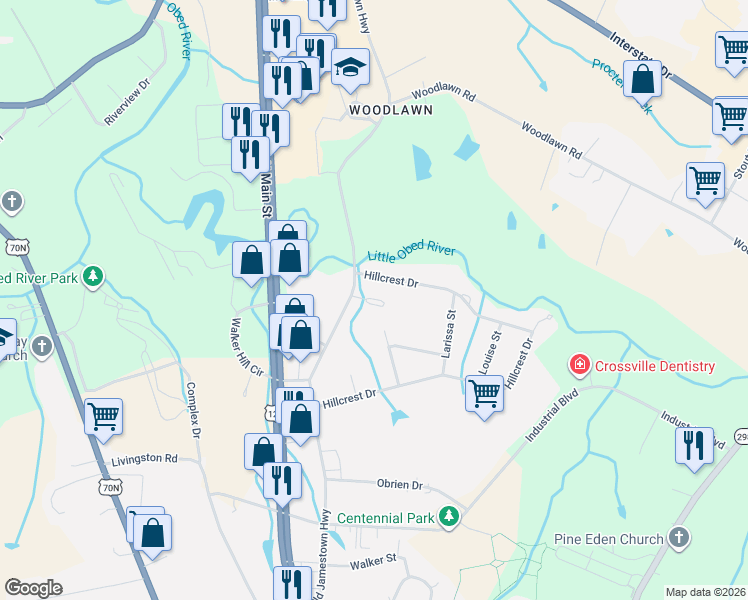 map of restaurants, bars, coffee shops, grocery stores, and more near 999 Hillcrest Drive in Crossville