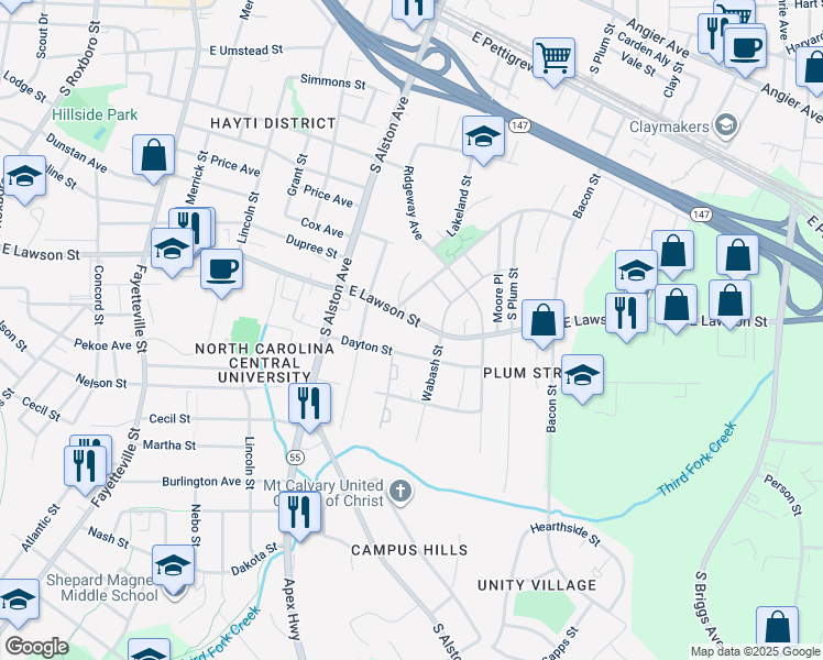 map of restaurants, bars, coffee shops, grocery stores, and more near 1108 East Lawson Street in Durham