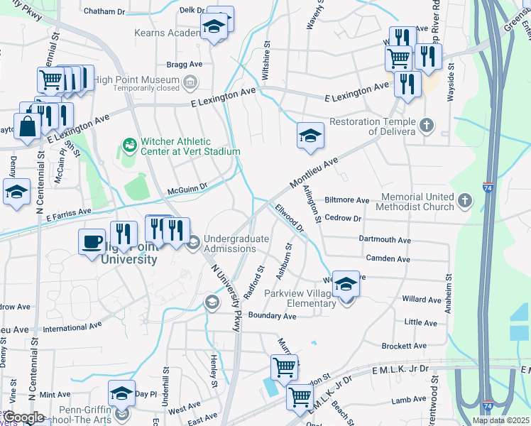 map of restaurants, bars, coffee shops, grocery stores, and more near 1042 Montlieu Avenue in High Point