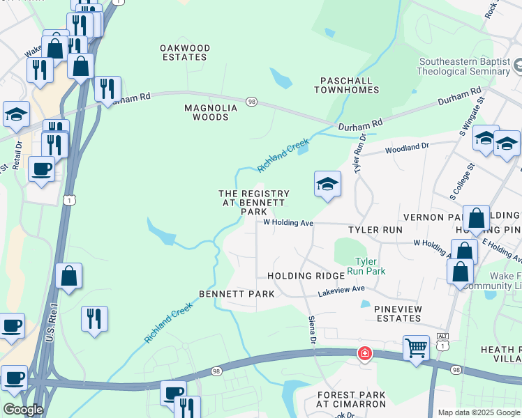 map of restaurants, bars, coffee shops, grocery stores, and more near 721 Richland Ridge Drive in Wake Forest