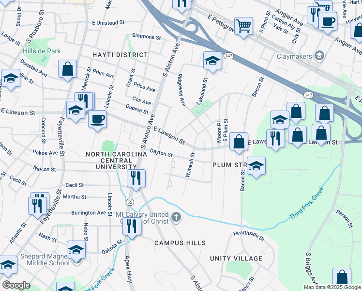 map of restaurants, bars, coffee shops, grocery stores, and more near 1108 East Lawson Street in Durham