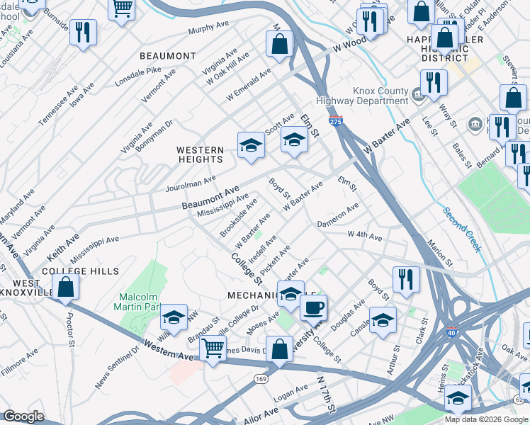 map of restaurants, bars, coffee shops, grocery stores, and more near 1200 Mercer Street Northwest in Knoxville
