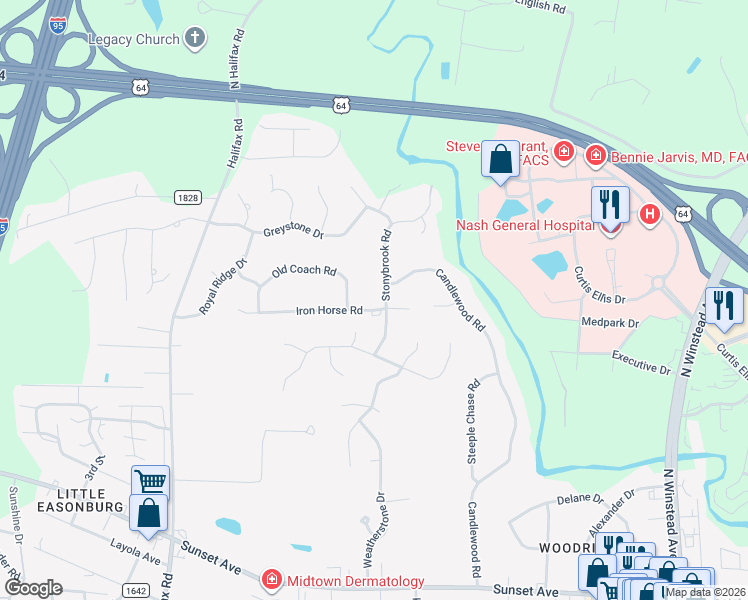 map of restaurants, bars, coffee shops, grocery stores, and more near 109-199 Stonybrook Rd in Rocky Mt