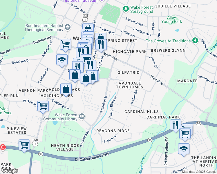 map of restaurants, bars, coffee shops, grocery stores, and more near 420 Elm Avenue in Wake Forest