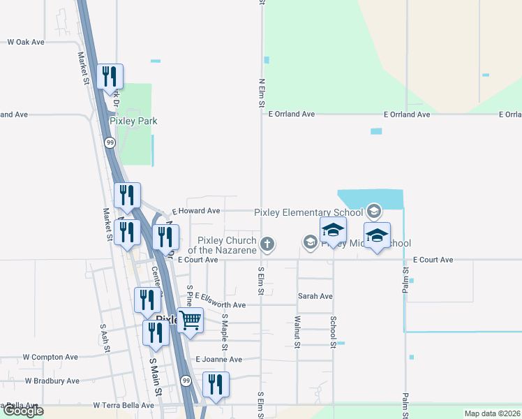 map of restaurants, bars, coffee shops, grocery stores, and more near 500 North Elm Street in Pixley