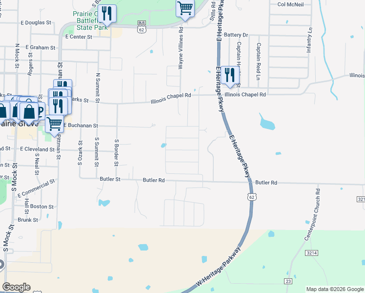map of restaurants, bars, coffee shops, grocery stores, and more near 1000 Butler Road in Prairie Grove