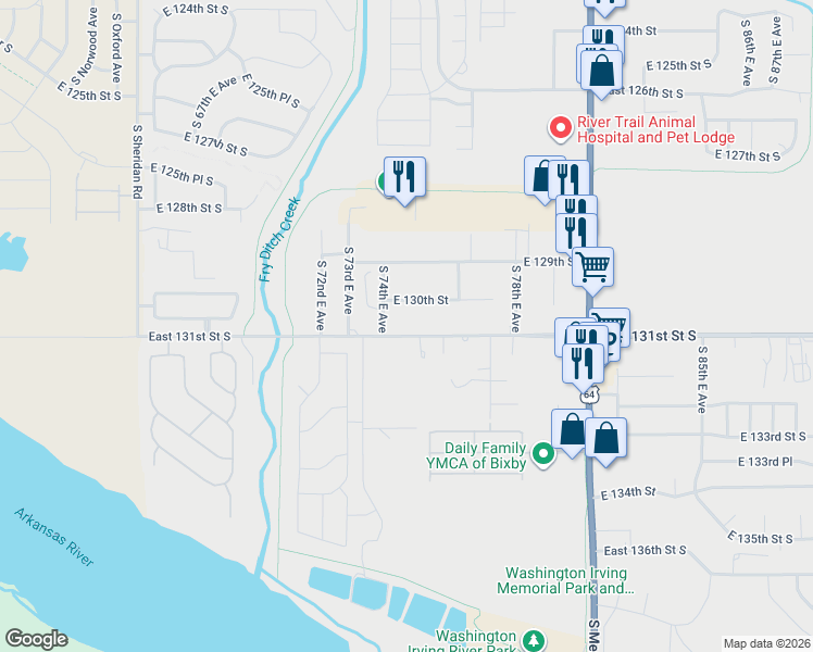 map of restaurants, bars, coffee shops, grocery stores, and more near 7426 East 130th Street South in Bixby