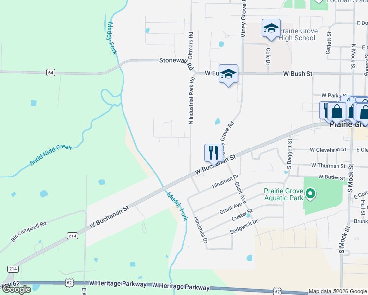 map of restaurants, bars, coffee shops, grocery stores, and more near 853-915 Escue Drive in Prairie Grove