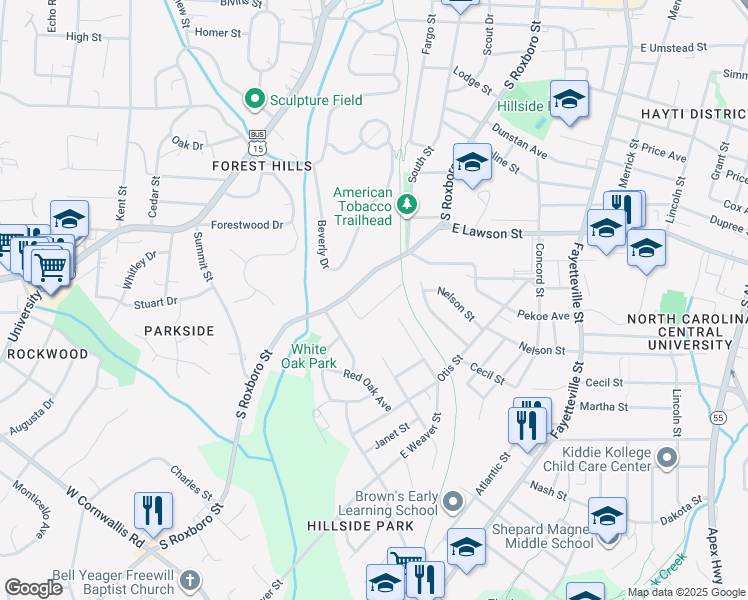 map of restaurants, bars, coffee shops, grocery stores, and more near 1907 South Roxboro Street in Durham