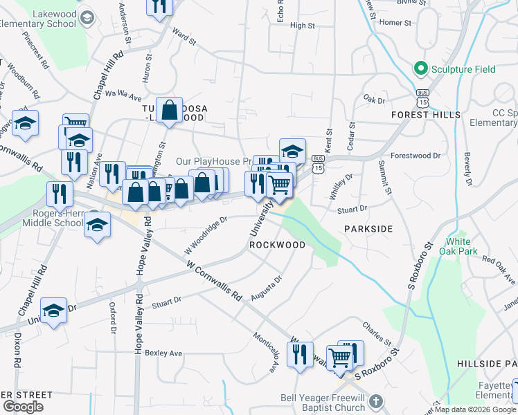 map of restaurants, bars, coffee shops, grocery stores, and more near 2505 Durham-Chapel Hill Boulevard in Durham