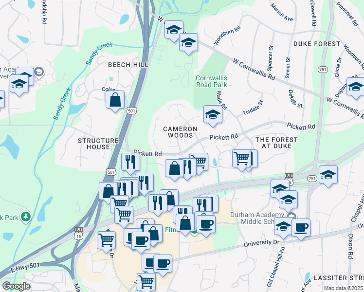 map of restaurants, bars, coffee shops, grocery stores, and more near 2915 Ashland Drive in Durham
