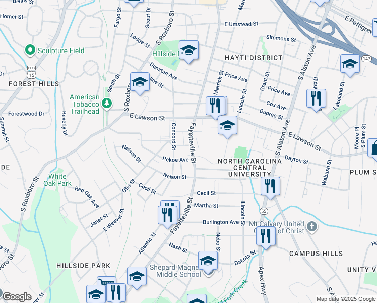 map of restaurants, bars, coffee shops, grocery stores, and more near 2006 Fayetteville Street in Durham