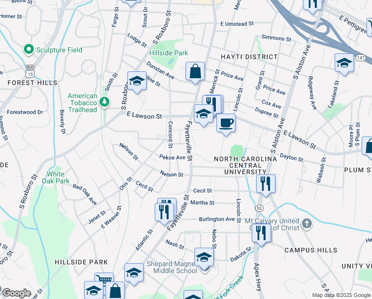 map of restaurants, bars, coffee shops, grocery stores, and more near 2006 Fayetteville Street in Durham