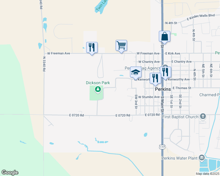 map of restaurants, bars, coffee shops, grocery stores, and more near Thomas Avenue in Perkins